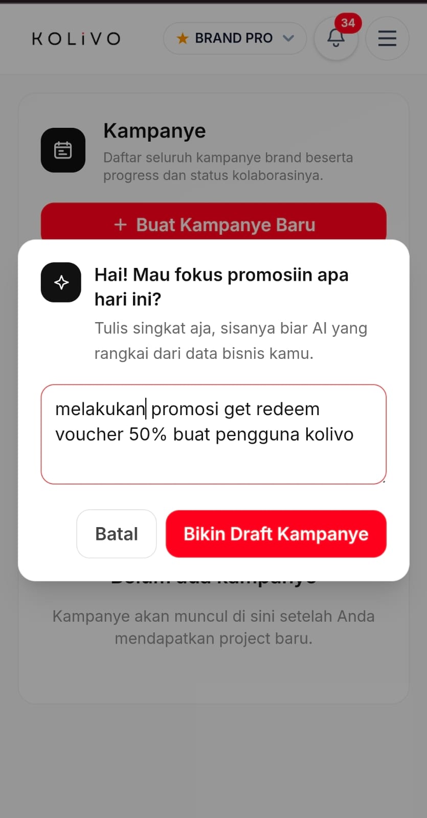 Kotak isian ide promosi untuk membuat draft kampanye KOL