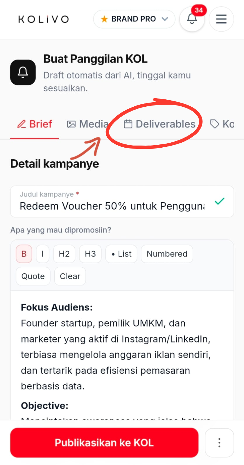 Kolom contoh konten yang diinginkan brand di form kampanye