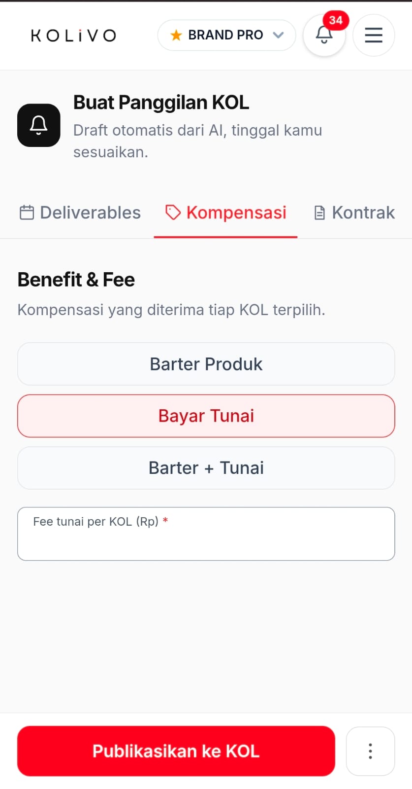 Kolom pengisian fee atau bayaran untuk satu KOL