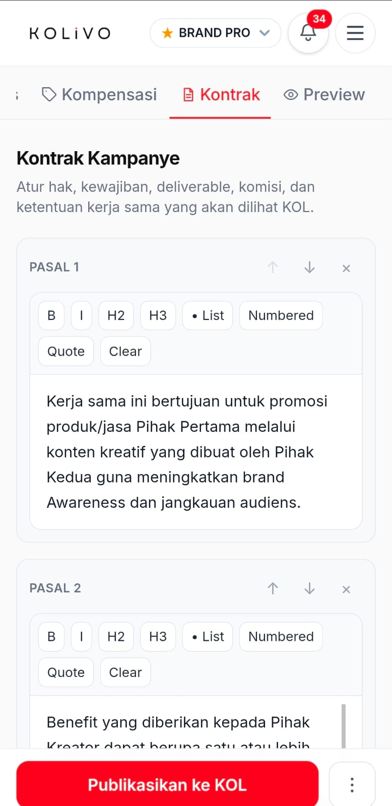 Pengaturan durasi promosi dan kontrak untuk KOL