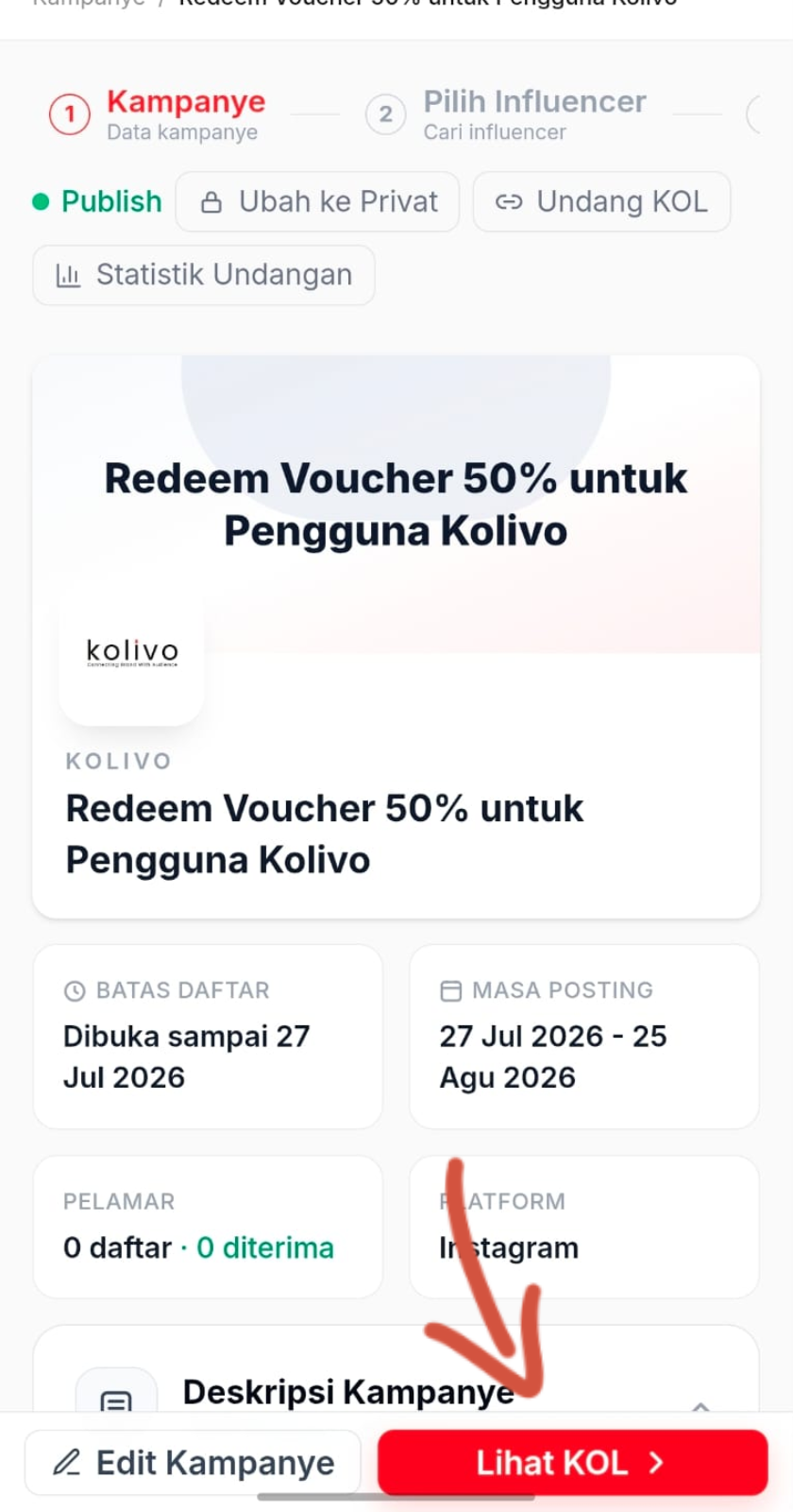 Tombol KOL Pilihan di halaman detail kampanye