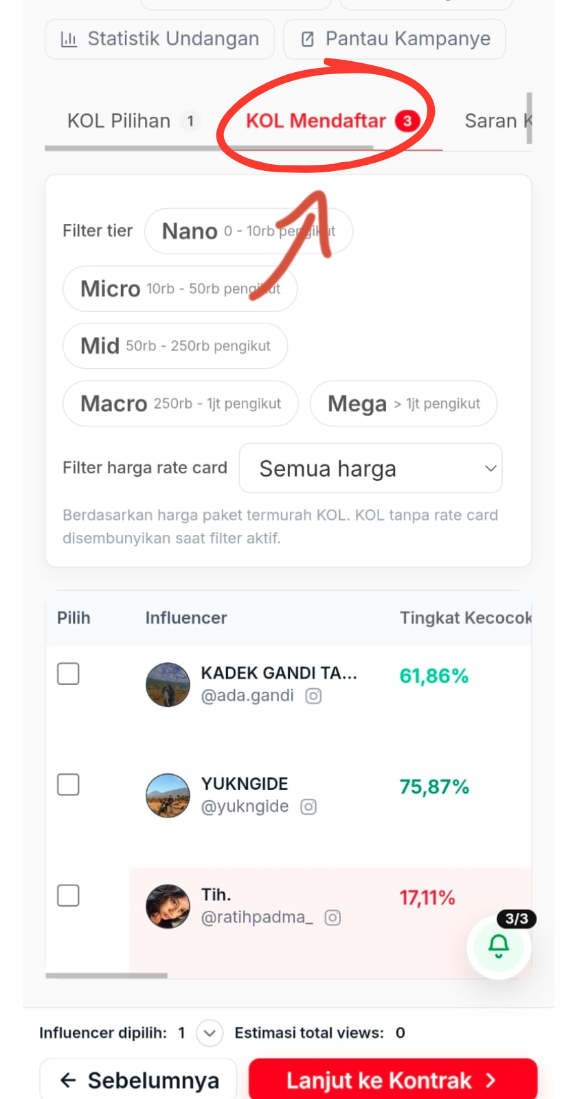 Daftar KOL yang mendaftar ke kampanye beserta skor kecocokan