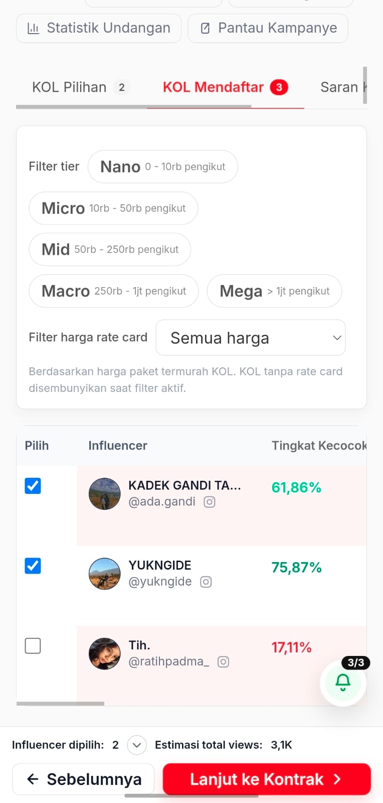 Mencentang influencer yang dipilih dari daftar pendaftar