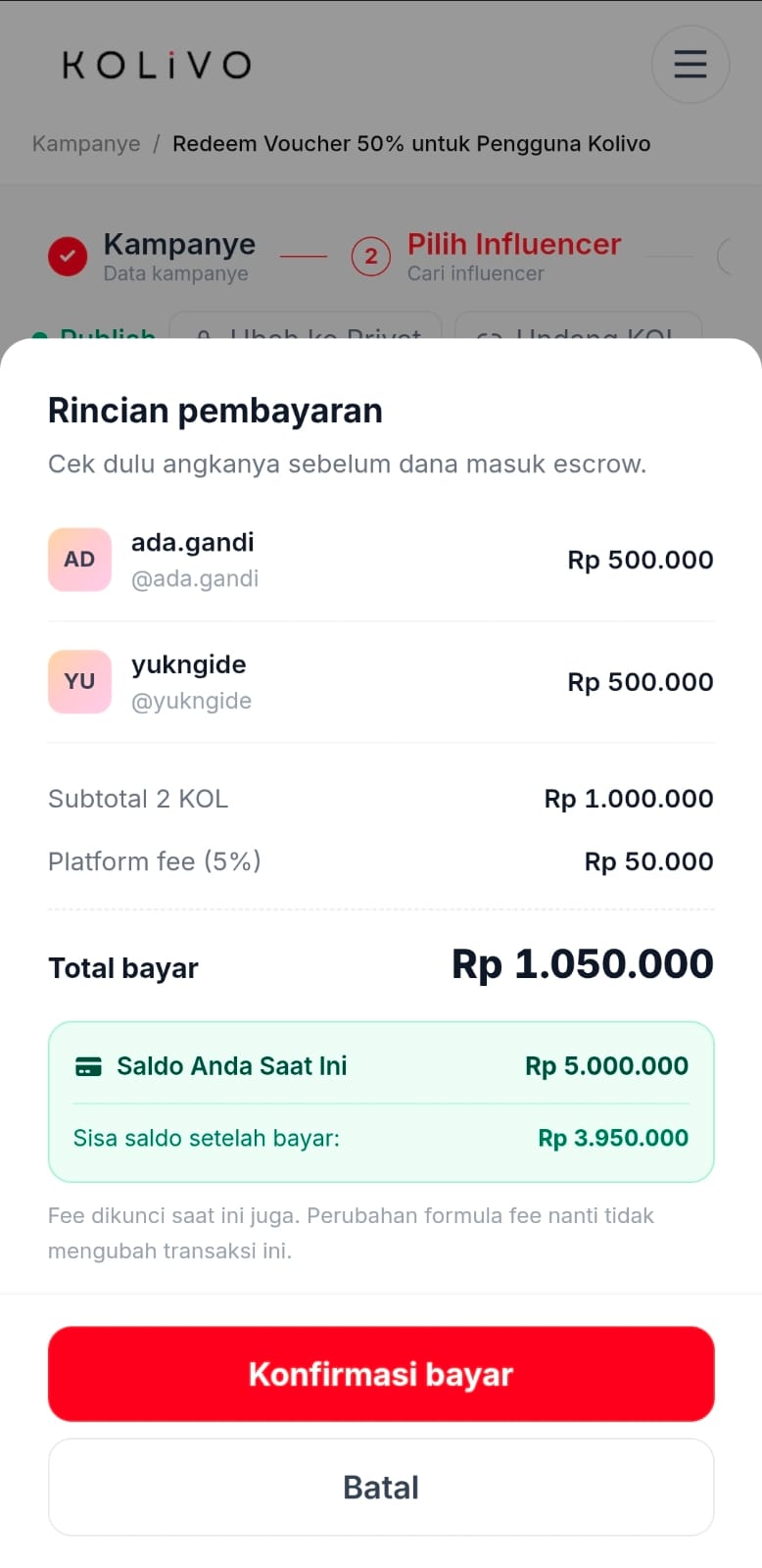 Rincian total biaya kampanye sesuai harga per KOL
