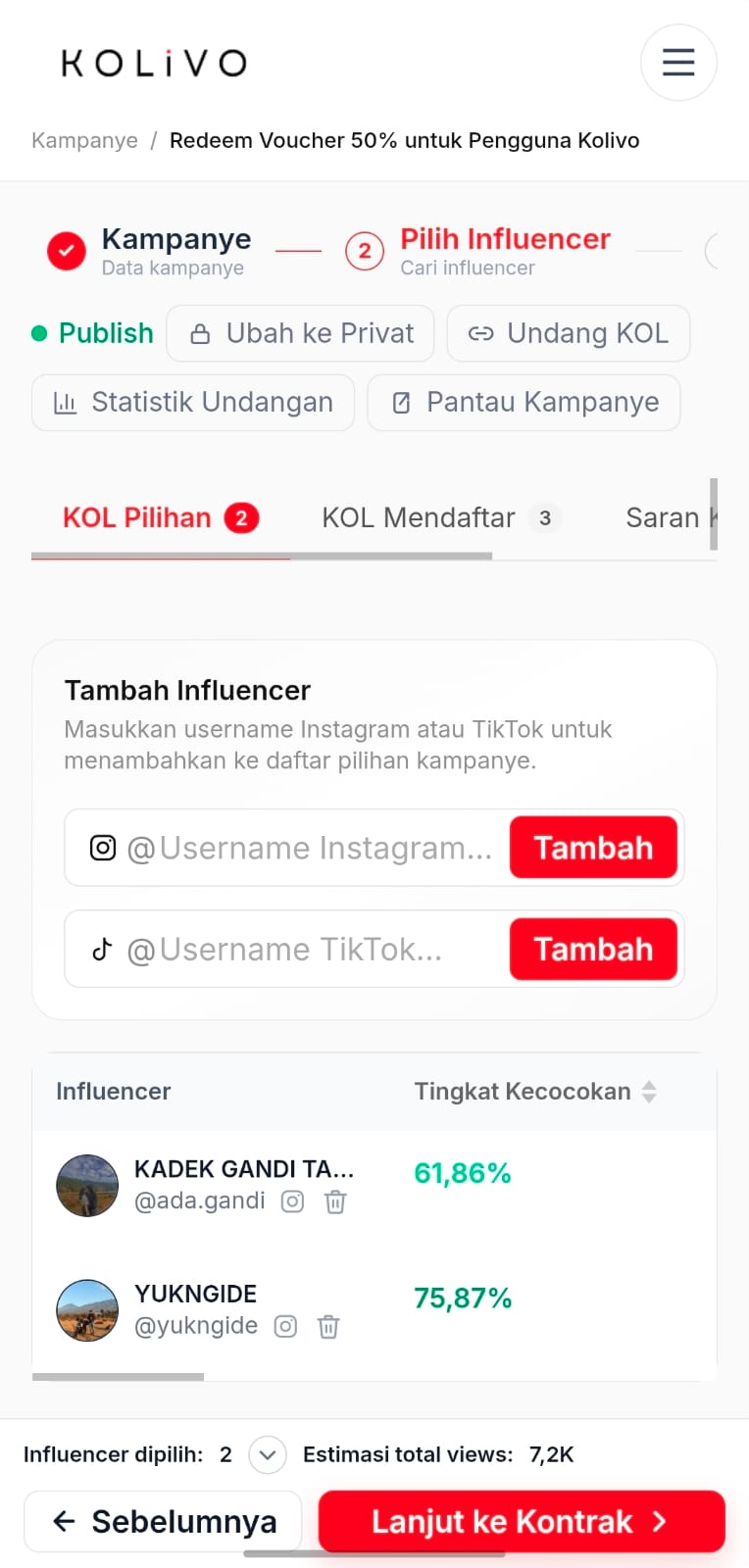 Daftar influencer terpilih di tab KOL Pilihan