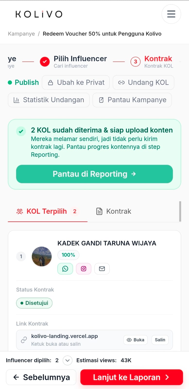 Status KOL berubah jadi Disetujui setelah pembayaran dikonfirmasi