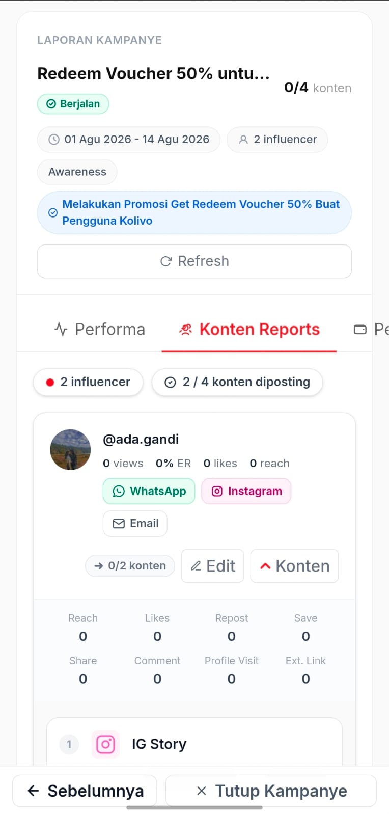 Menu Lanjut ke Laporan dan tab Konten di kampanye Kolivo