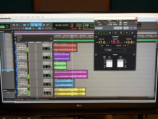 Screen shot of pro tools mix session. Track clips of various colors and lengths. 