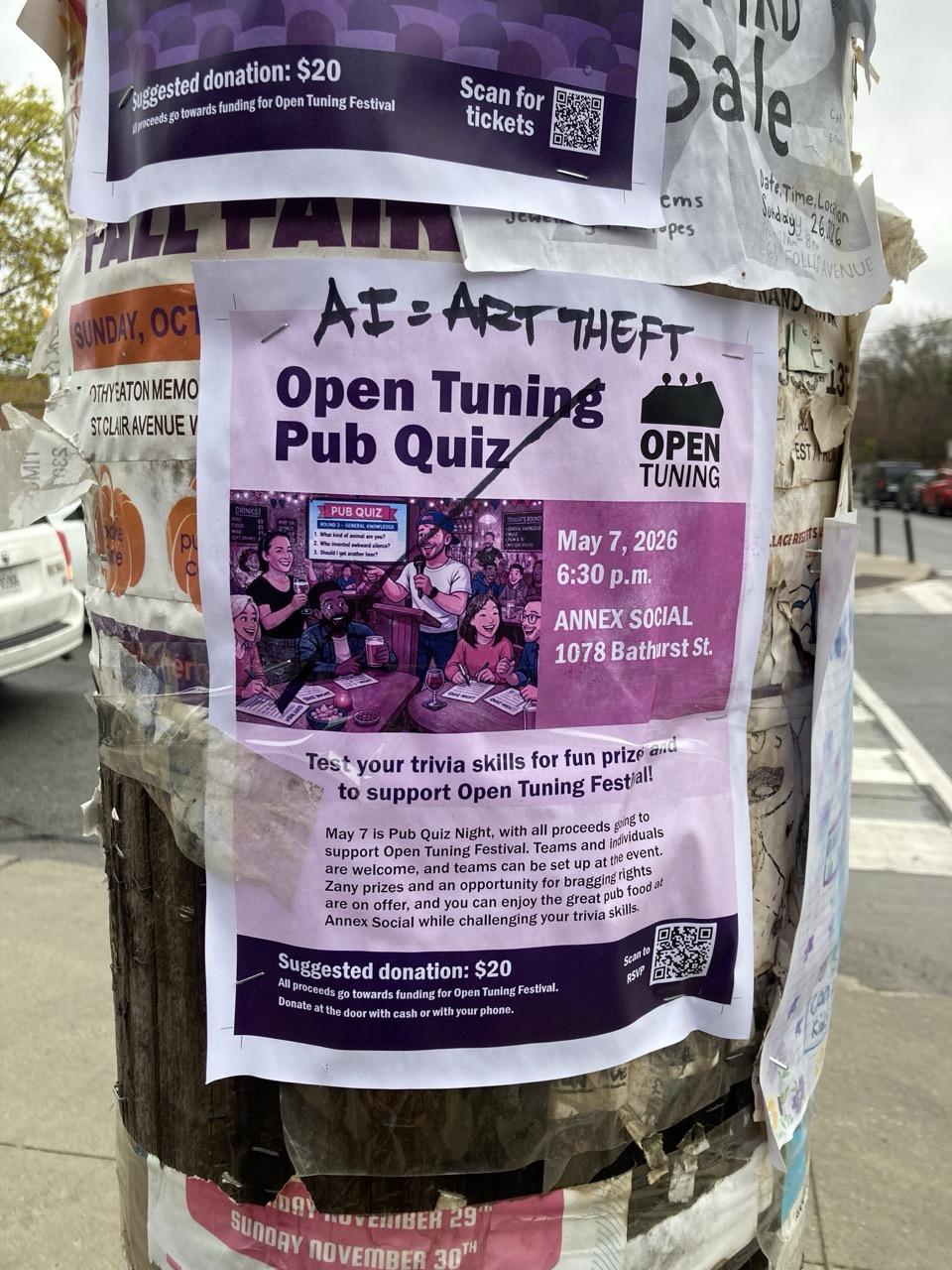 Telephone pole with a poster taped onto it which is advertising a fundraising pub quiz for an upcoming neighbourhood music festival. The bad cartoony art for the poster is made with gen AI. 
In black marker above the image is written “AI= ART THEFT."