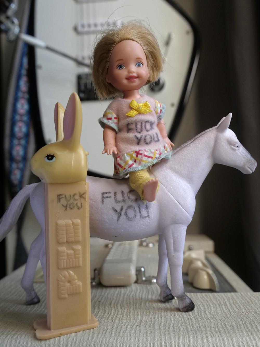 A small doll, a plastic white horse and a rabbit Pez dispenser that all have the words “FUCK YOU” scrawled on them.