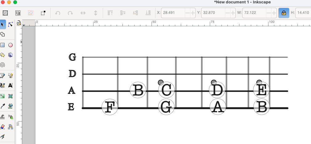 inkscape graphics work in progress, showing a simple fretboard diagram for a bass guitar with the main notes on the lowest two strings labeled