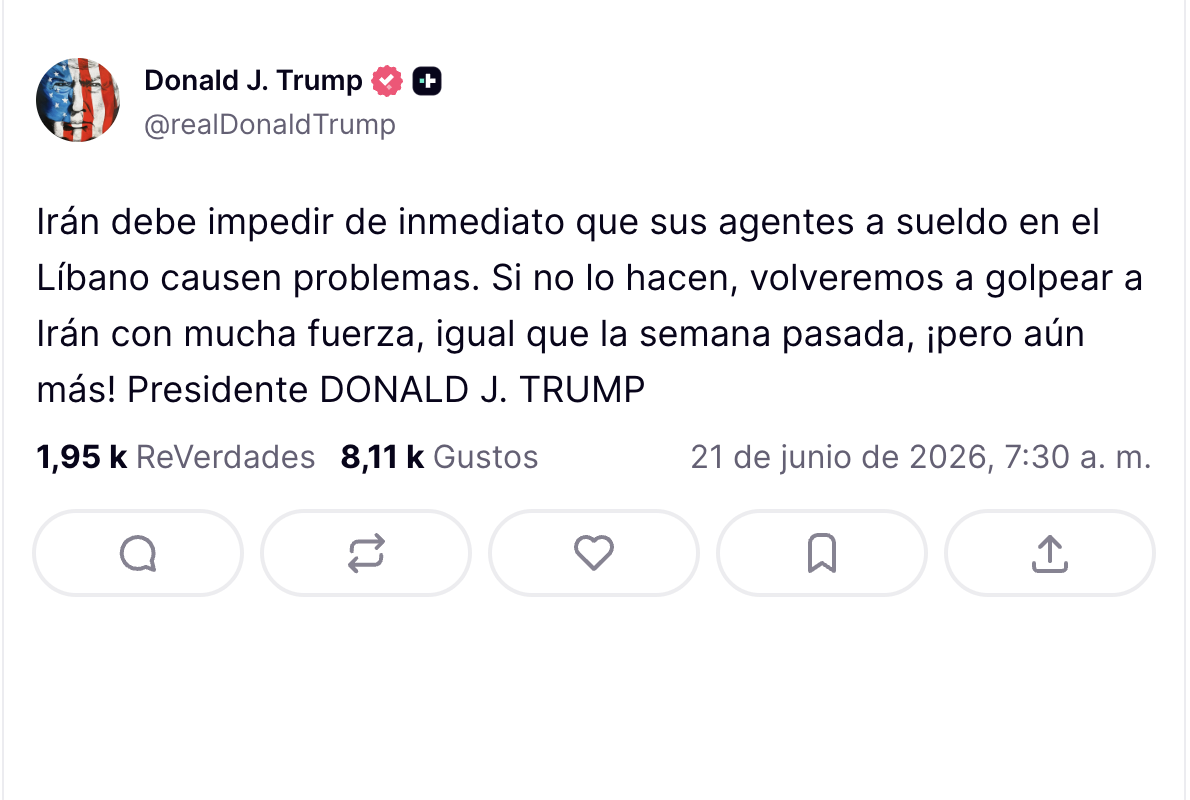Donald Trump amenaza a Irán a través de su cuenta Truth Social