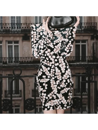 Heavy Industry Beads Gallon Fruit Printing Pleuche Long Sleeve Dress