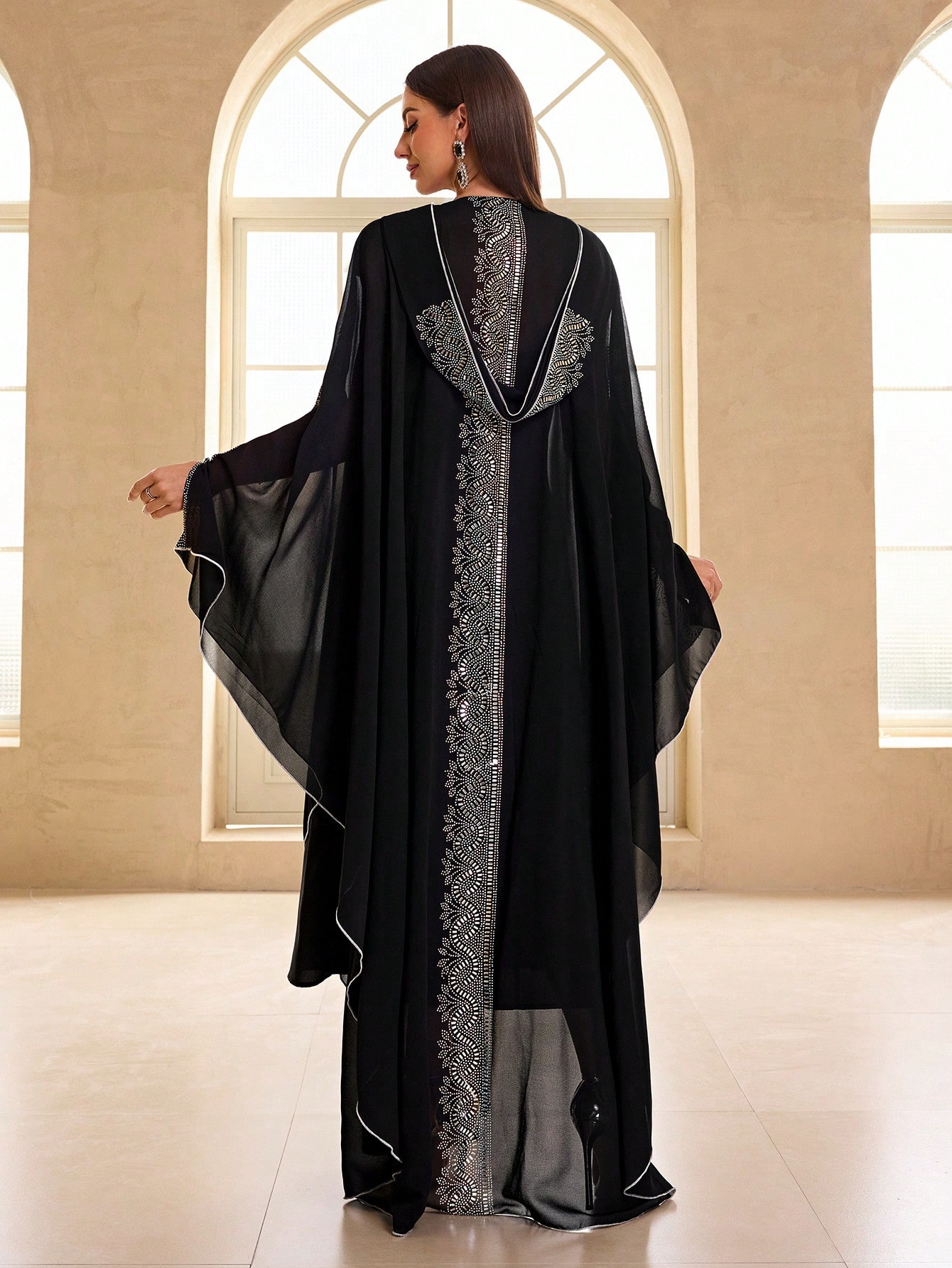 Middle East Chiffon Rhinestone Robe Muslim Shawl Hooded Cloak Batwing Sleeve Robe Blouse - Image 2