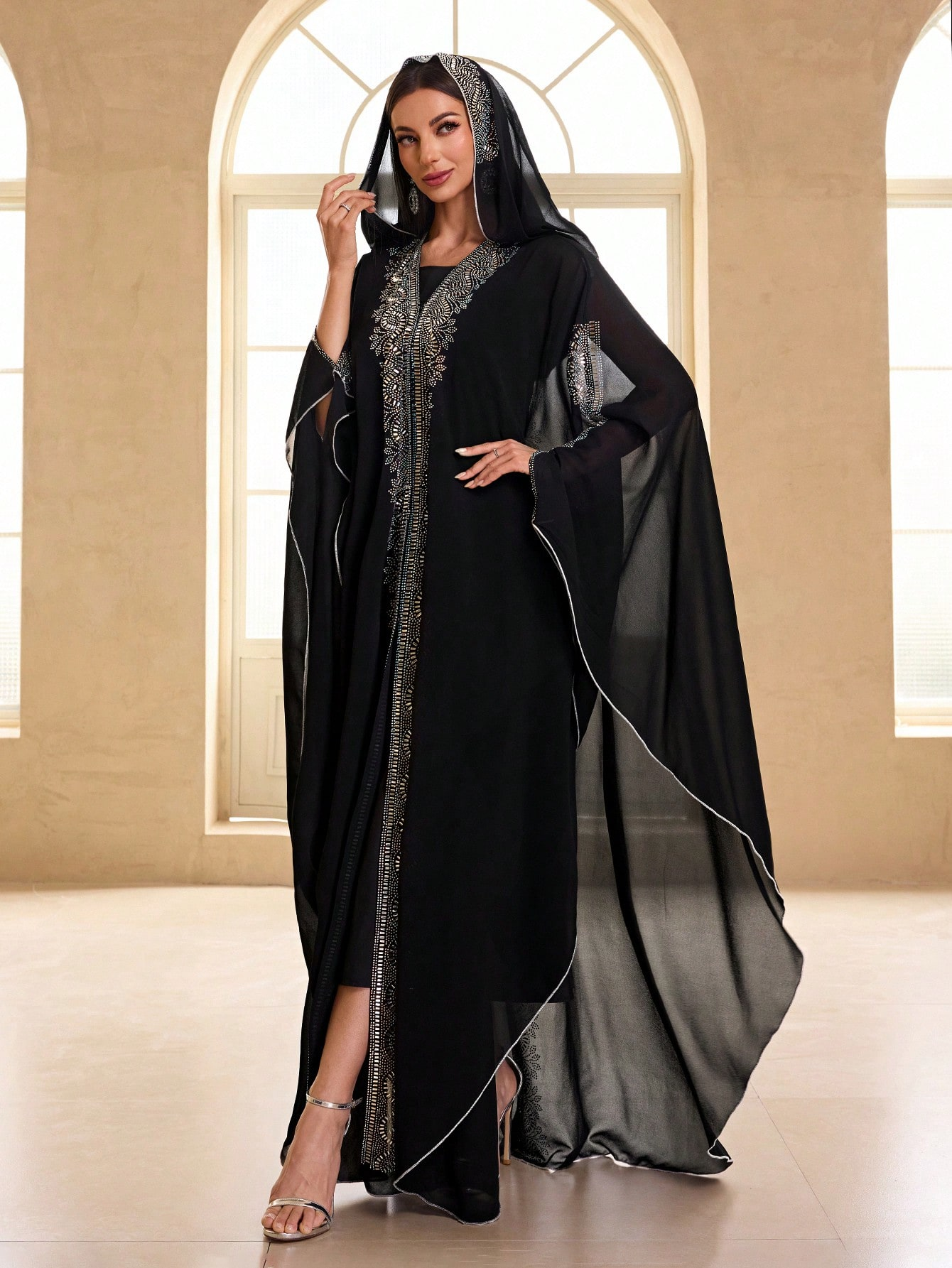 Middle East Chiffon Rhinestone Robe Muslim Shawl Hooded Cloak Batwing Sleeve Robe Blouse - Image 3