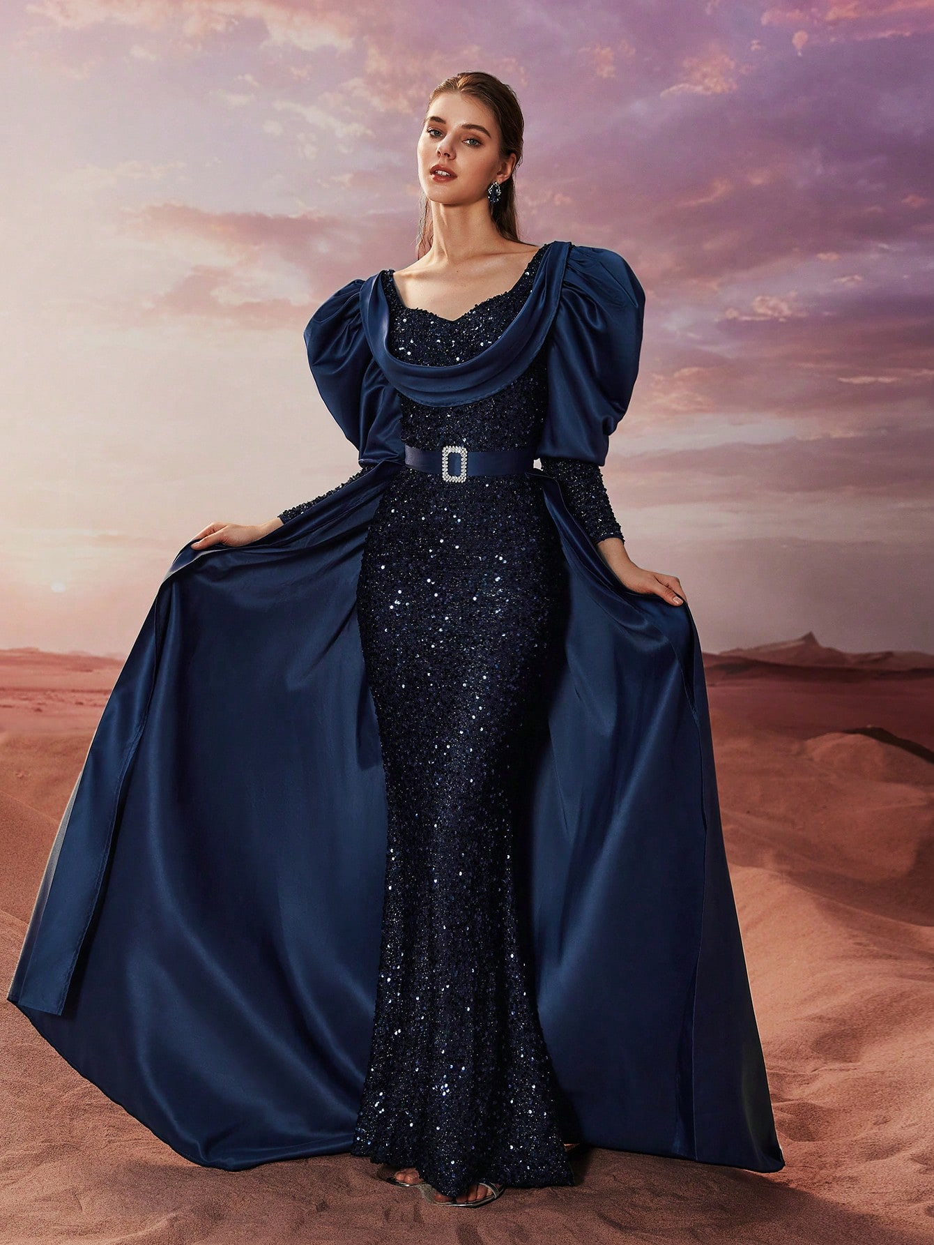 Elegant Light Luxury Sequined Satin Puff Sleeve Party Dress