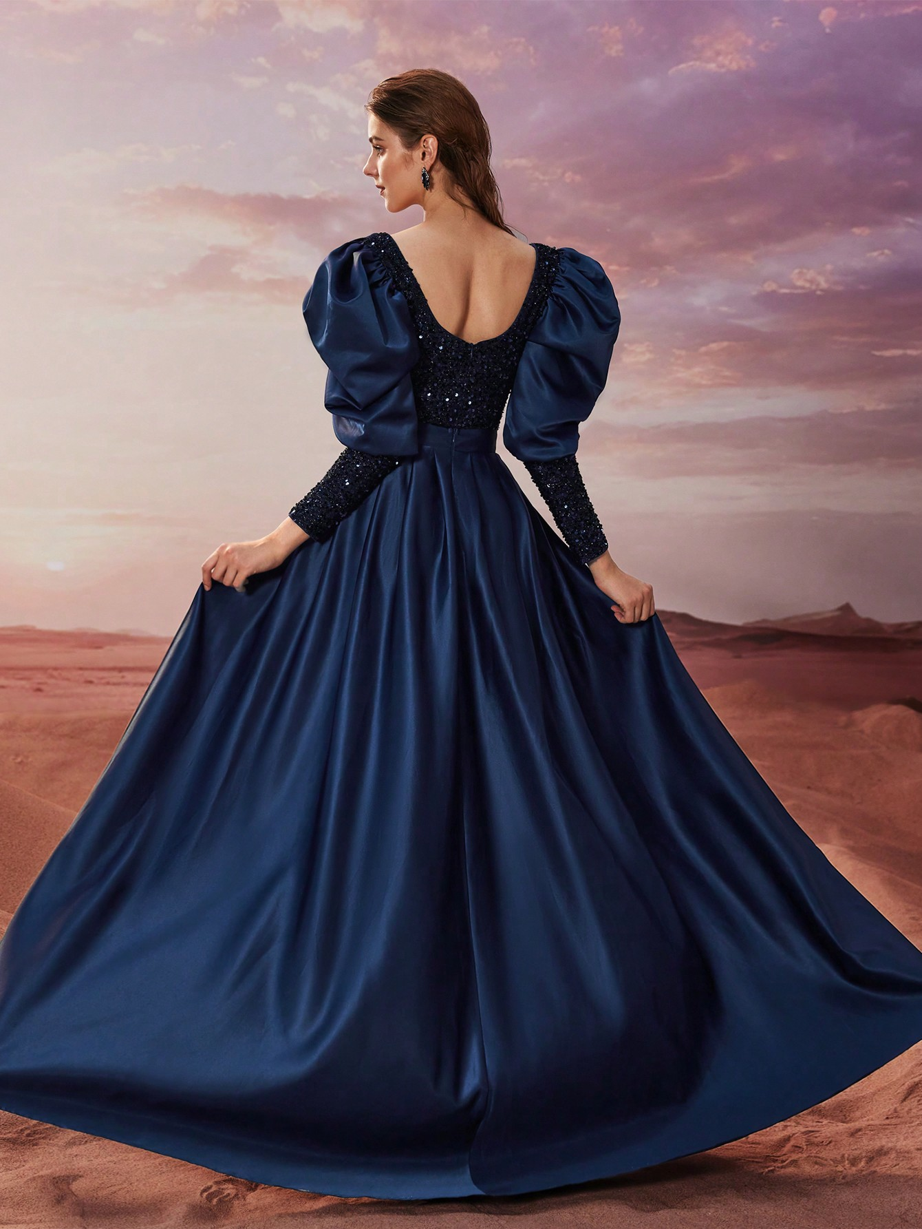 Elegant Light Luxury Sequined Satin Puff Sleeve Party Dress - Image 2