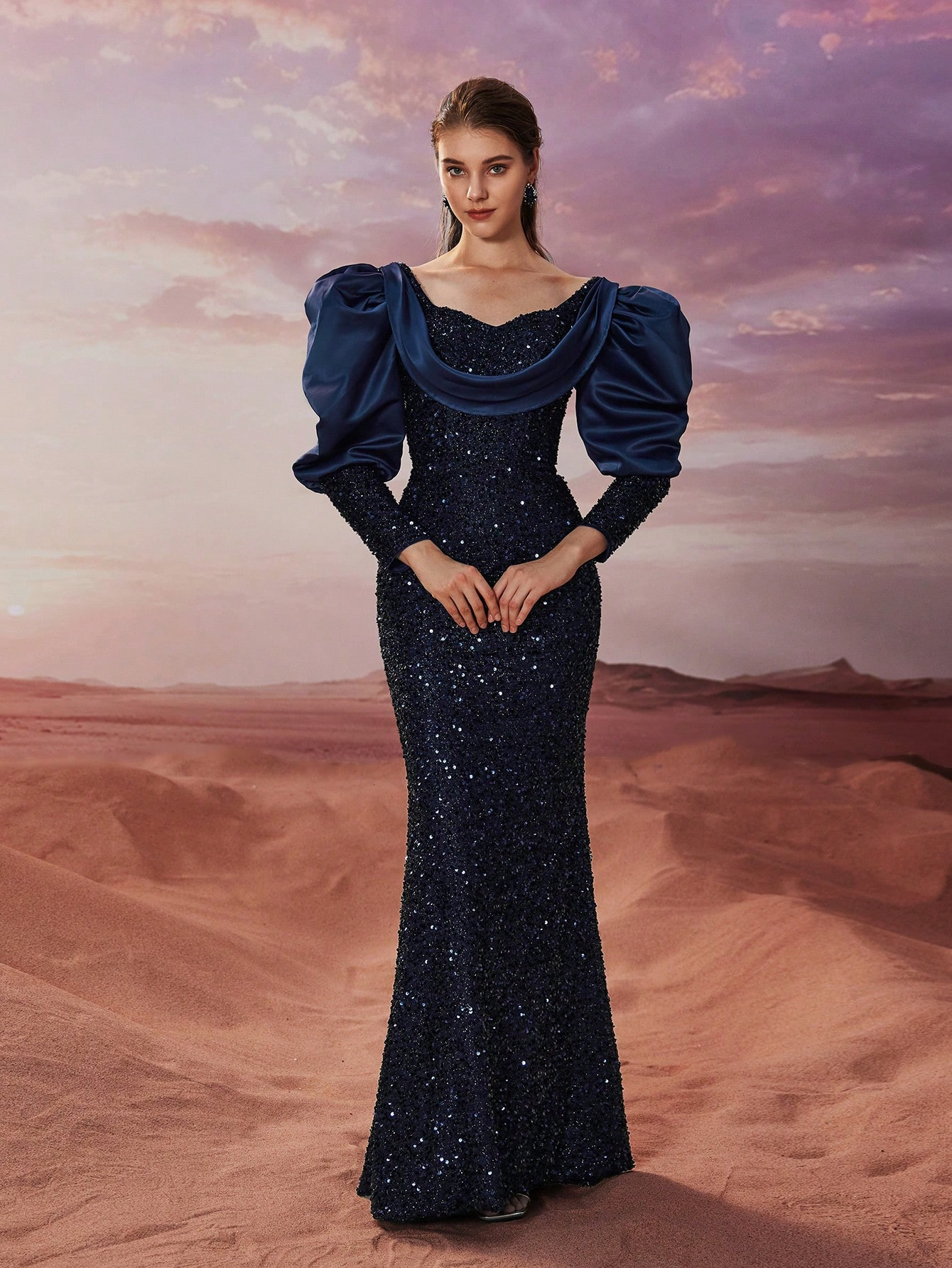 Elegant Light Luxury Sequined Satin Puff Sleeve Party Dress - Image 3