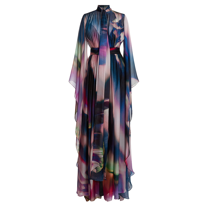 Spring Summer Star Bay Sleeve Colorful Printed Maxi Dress