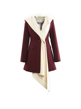 Irregular Asymmetric Stitching Faux Two Piece Hooded Mid Length Blazer Top