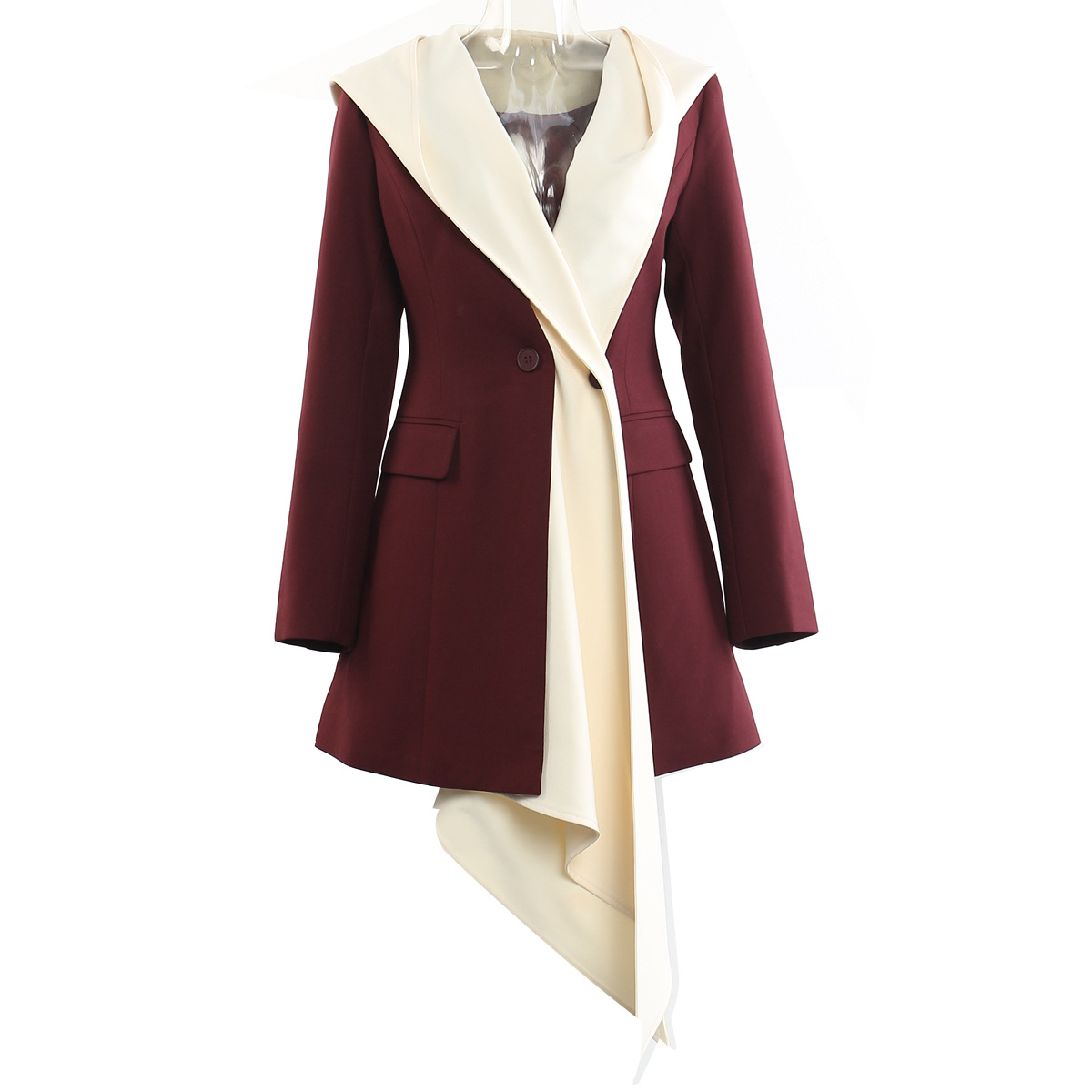 Irregular Asymmetric Stitching Faux Two Piece Hooded Mid Length Blazer Top