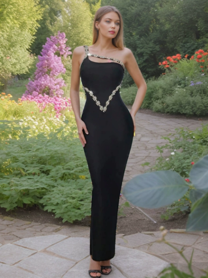 Socialite Light Luxury Beads Rhinestones Sling Slim Sheath Dress - Image 2