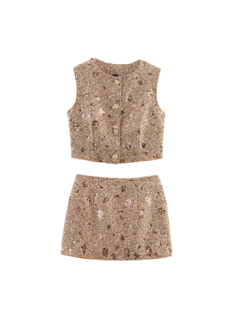 Sequin Embroidery Tweed Classic Vest Mid Length Skirt Two Piece Sets