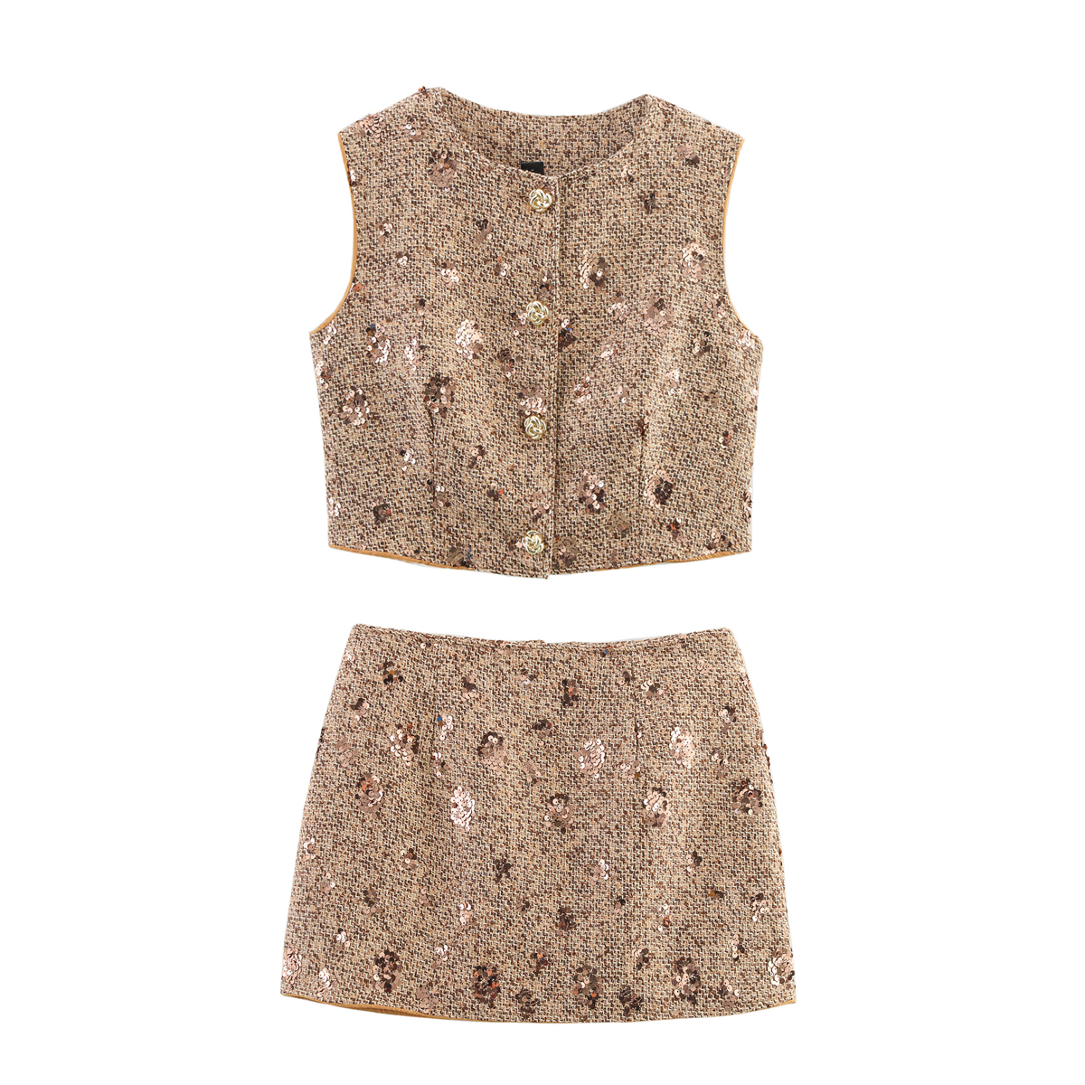 Sequin Embroidery Tweed Classic Vest Mid Length Skirt Two Piece Sets