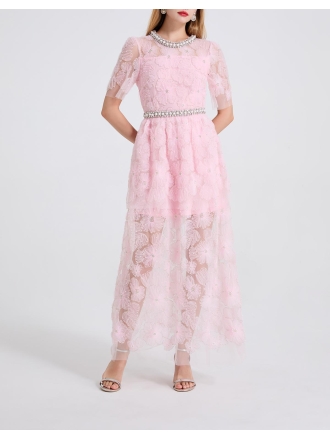 Pearl Stitched Evening Dress With High Waist And Long Silhouette