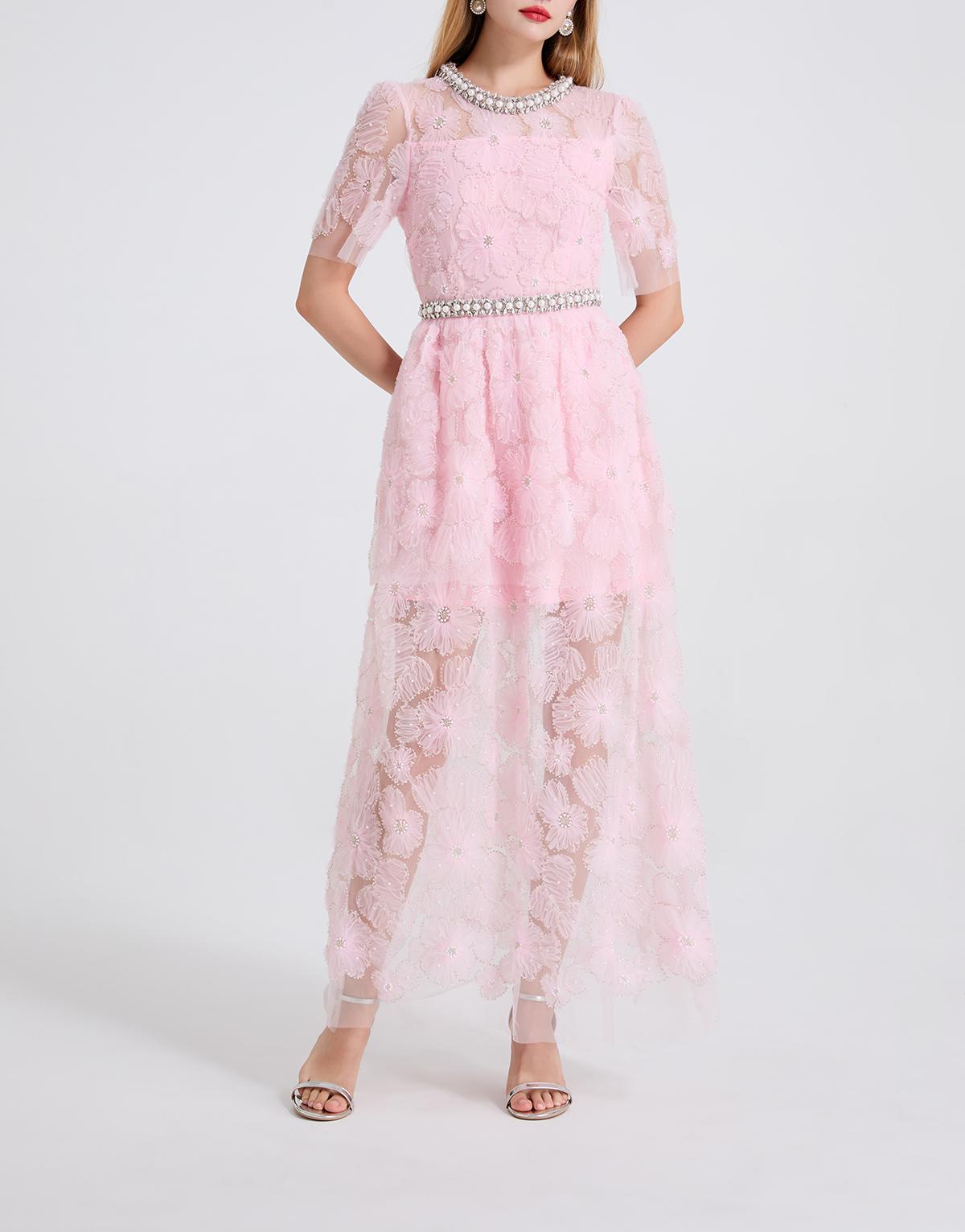 Pearl Stitched Evening Dress With High Waist And Long Silhouette