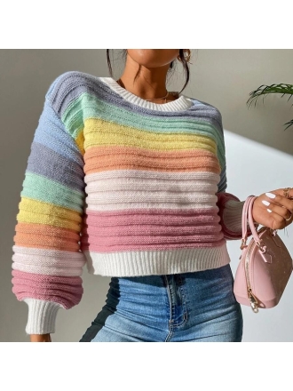 Elegant Spliced Sweater Rainbow Striped Lantern Sleeve Knitted Pullover