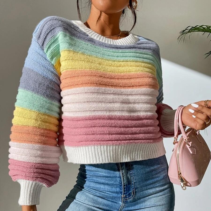 Elegant Spliced Sweater Rainbow Striped Lantern Sleeve Knitted Pullover