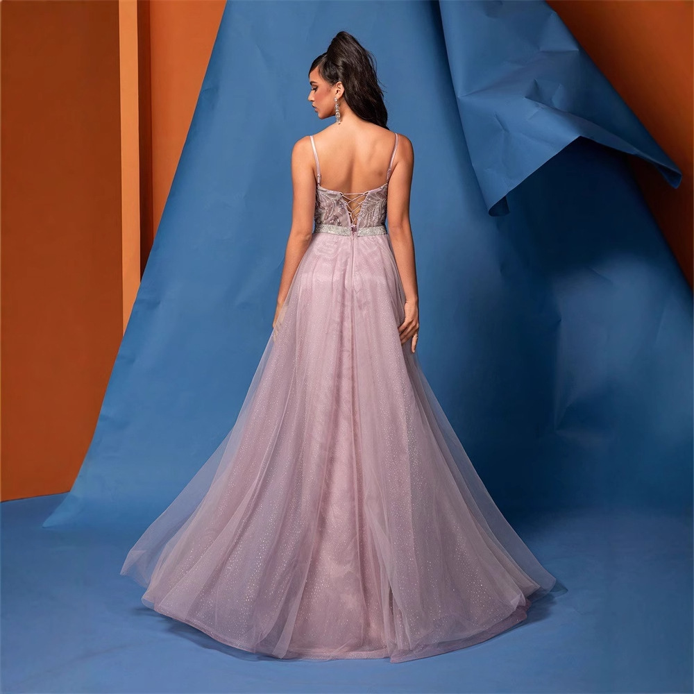 Bridesmaid V Neck Brace Sequin Pink Backless Formal Dress - Image 2