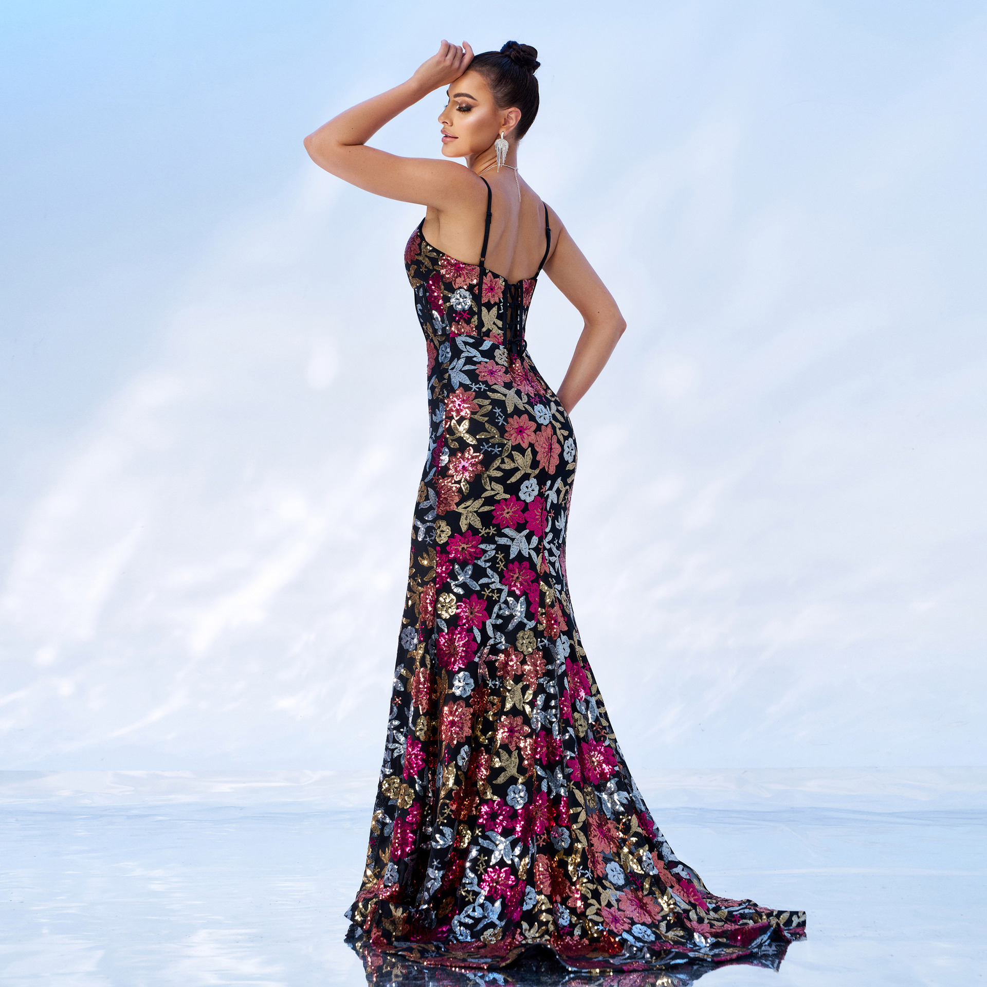V Neck Brace Slim Fit Sheath Sequined Cocktail Split Evening Dress - Image 3
