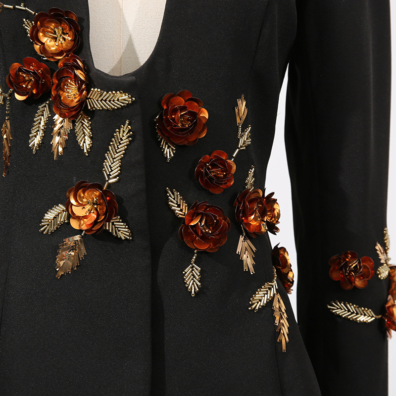 Elegant Heavy Floral Stitching Design Long Sleeve Blazer - Image 5