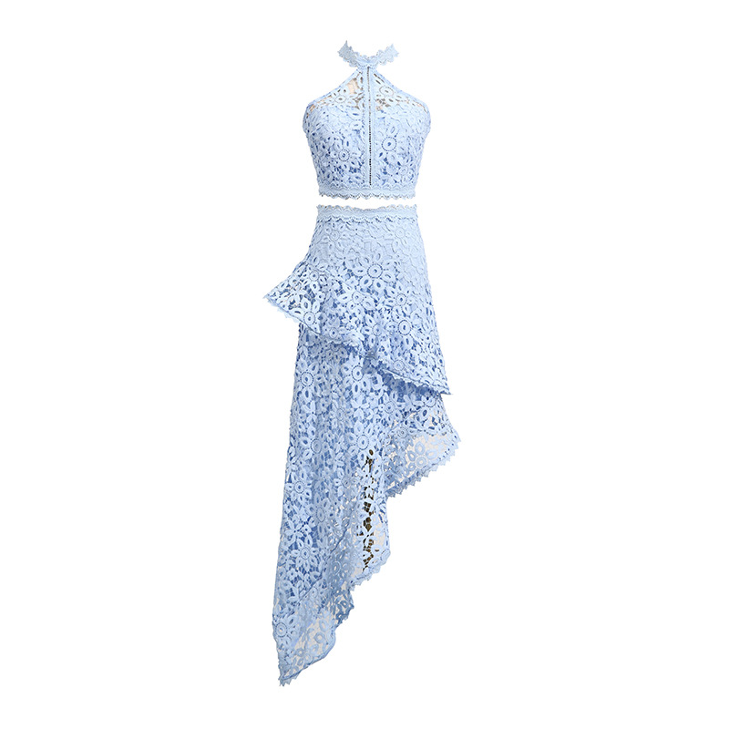 Casual Seaside Vacation Two Piece Set Lace Sleeveless Top Irregular Asymmetric Skirt Lace Set - Image 11