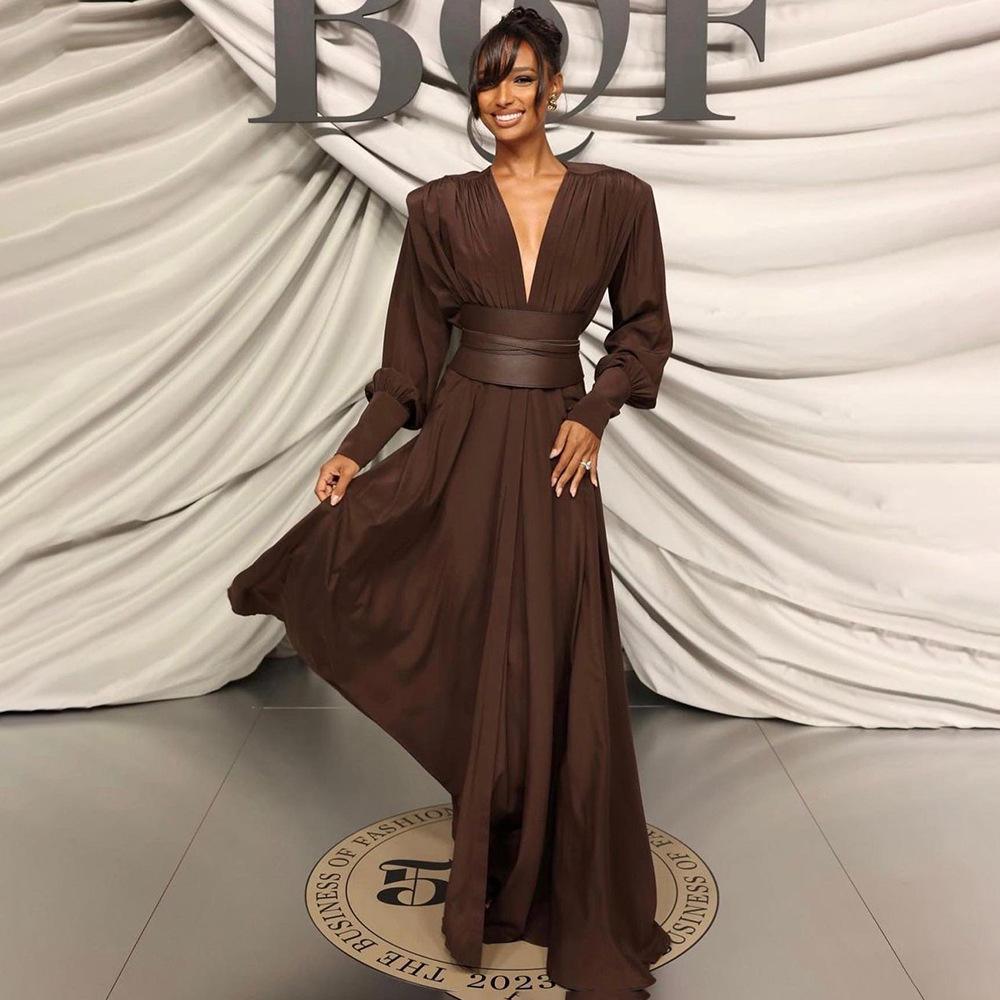 Chocolate Design Waist Seal Pleated Brown Dress - Image 2