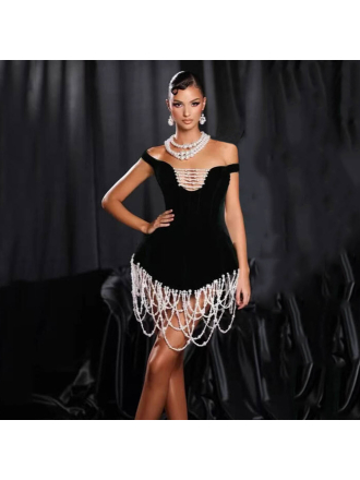 Women Clothing Sexy off the Shoulder Heavy Industry Beads Tassel Decoration Bandage Dress Party Short Evening Dress