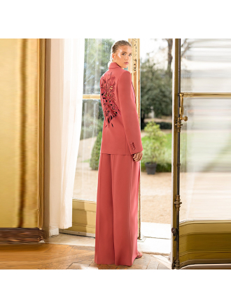 Spring Embroidery Hollow Out Cutout out Heavy Embroidery Blazer Straight Leg Trousers Set