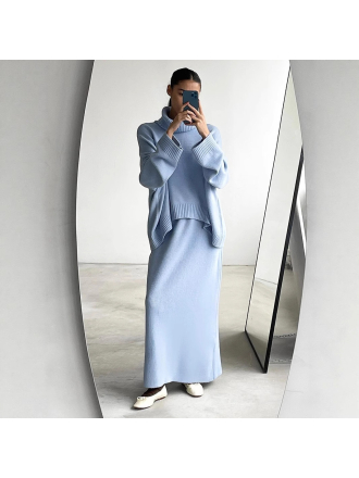 Turtleneck Sweater Skirt Set Loose Knitted Two Piece Sweater Set