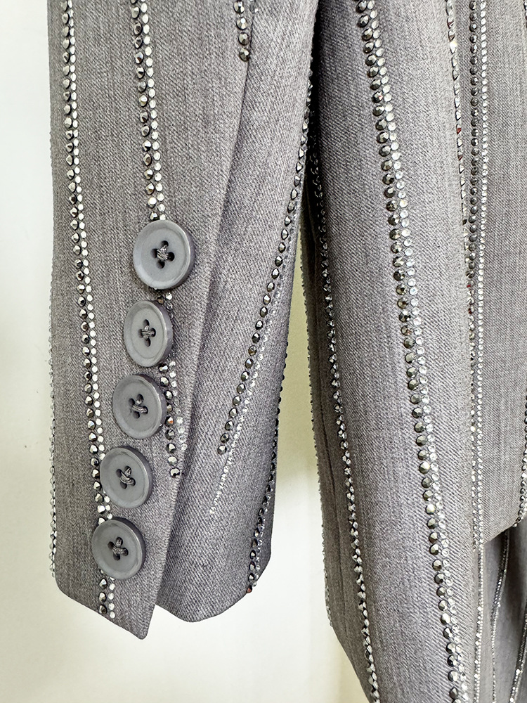 Spring Advanced Gray Heavy Embroidery Drilling Double Breasted Work Pant Two Piece Set - Image 8