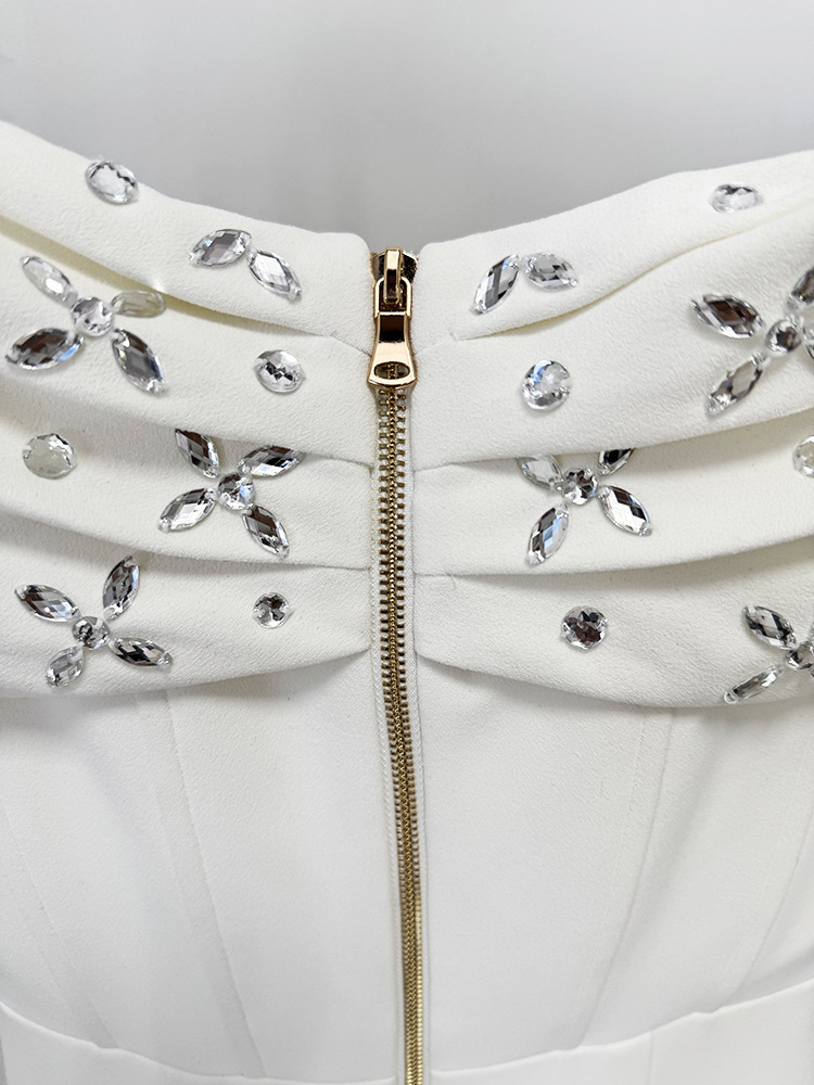 Off Shoulder Beads Rhinestones Mid Length Dress - Image 13