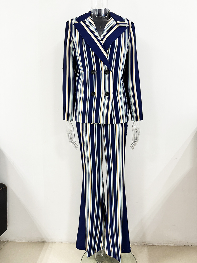 Women Striped Blazer Flared Pants Two Piece Sets - Image 3