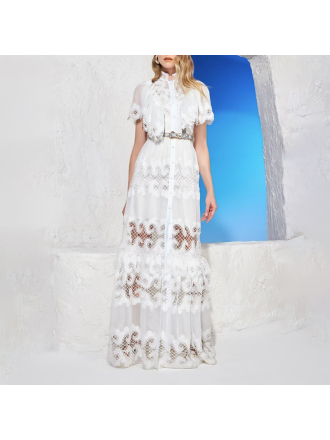 Refined Handmade Lace Patchwork Stand Collar Short Sleeve Belt Decoration Hollow Out Cutout Dress