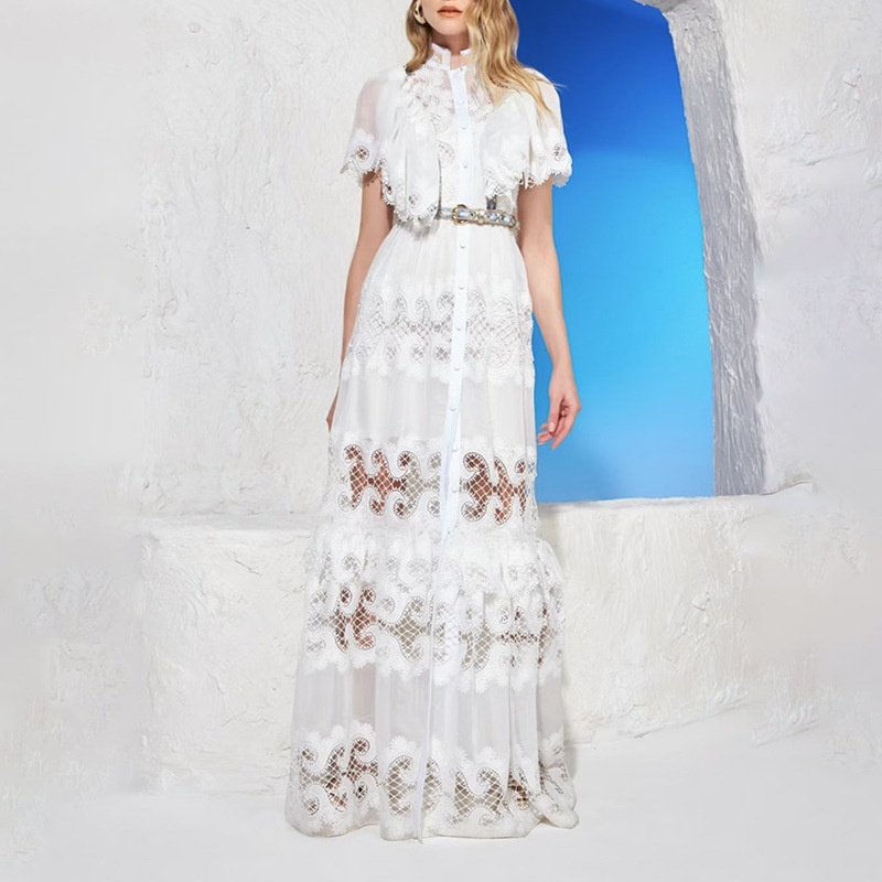 Refined Handmade Lace Patchwork Stand Collar Short Sleeve Belt Decoration Hollow Out Cutout Dress
