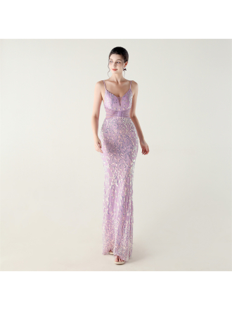 Mid Waist Deep V Plunge Neck Sequin Evening Dress