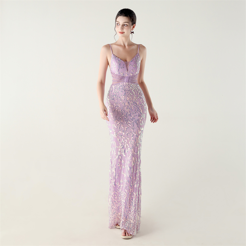Mid Waist Deep V Plunge Neck Sequin Evening Dress