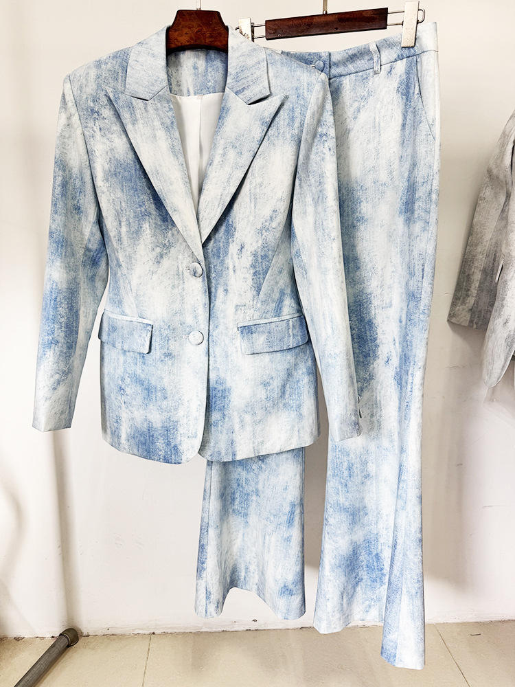 Spring Tie Dyed Printed Slim Fit Mid Length Blazer Trousers Two Piece Set - Image 2