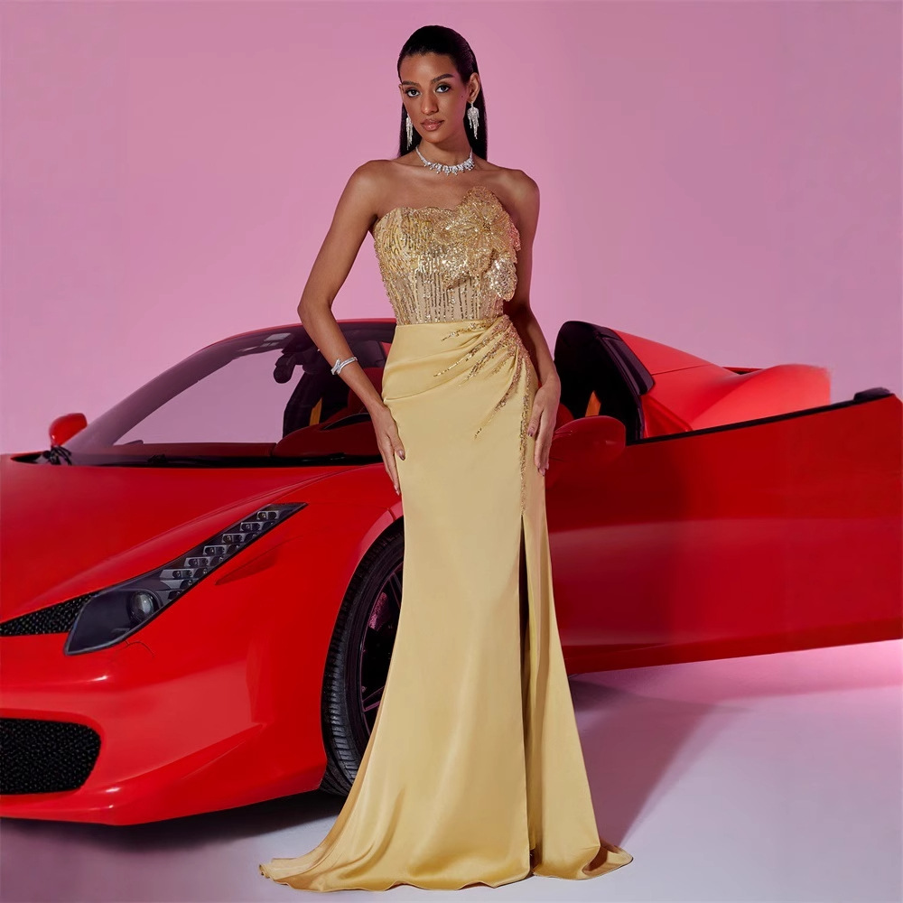 Elegant Sequin Floral Stitching Formal Evening Dress