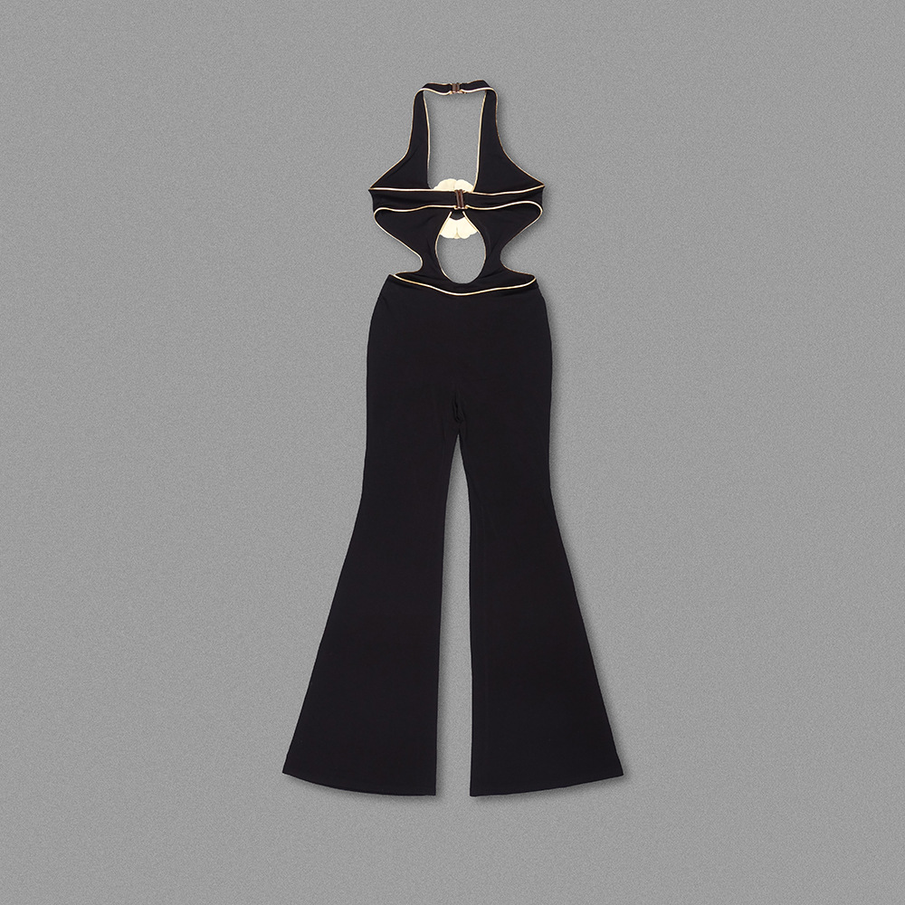 Halter Trousers Jumpsuit Golden Floral Sleeveless Backless - Image 4